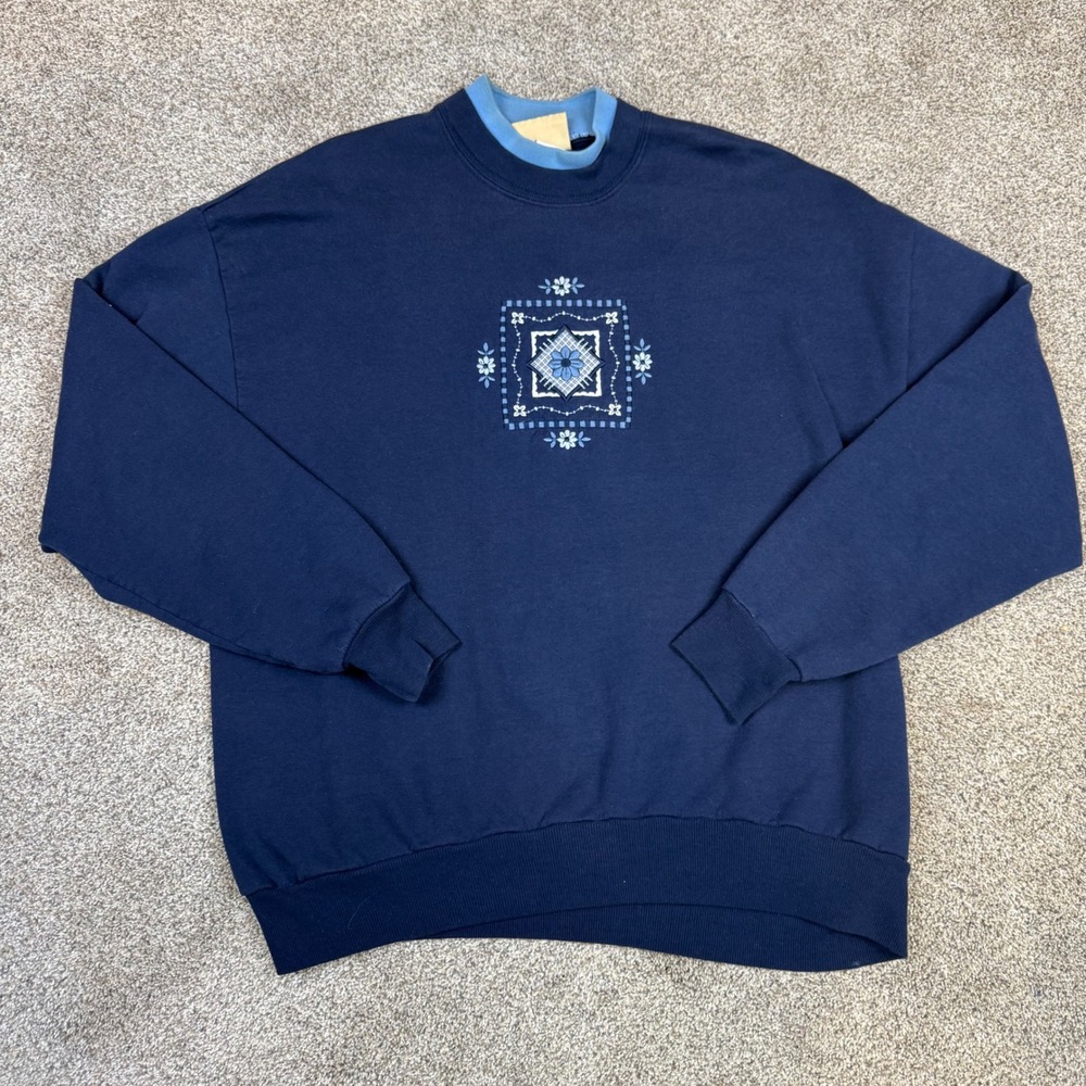 Top Stitch by Morning Sun Navy Blue Embroidered‎ Floral Double Collar Sweatshirt